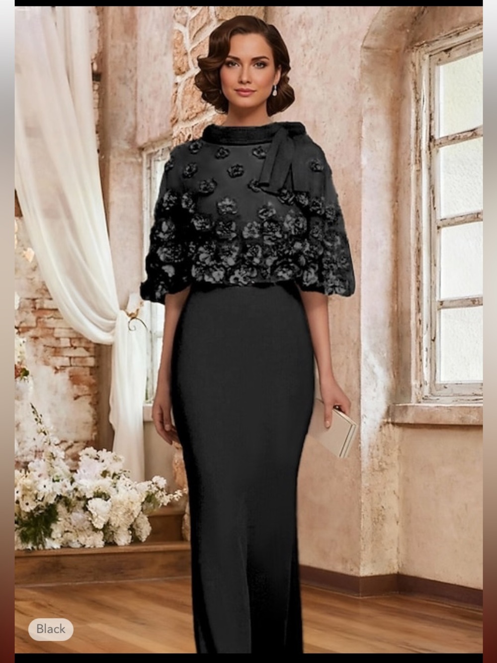 NWT Elegant Black Floral Appliqué Evening Gown